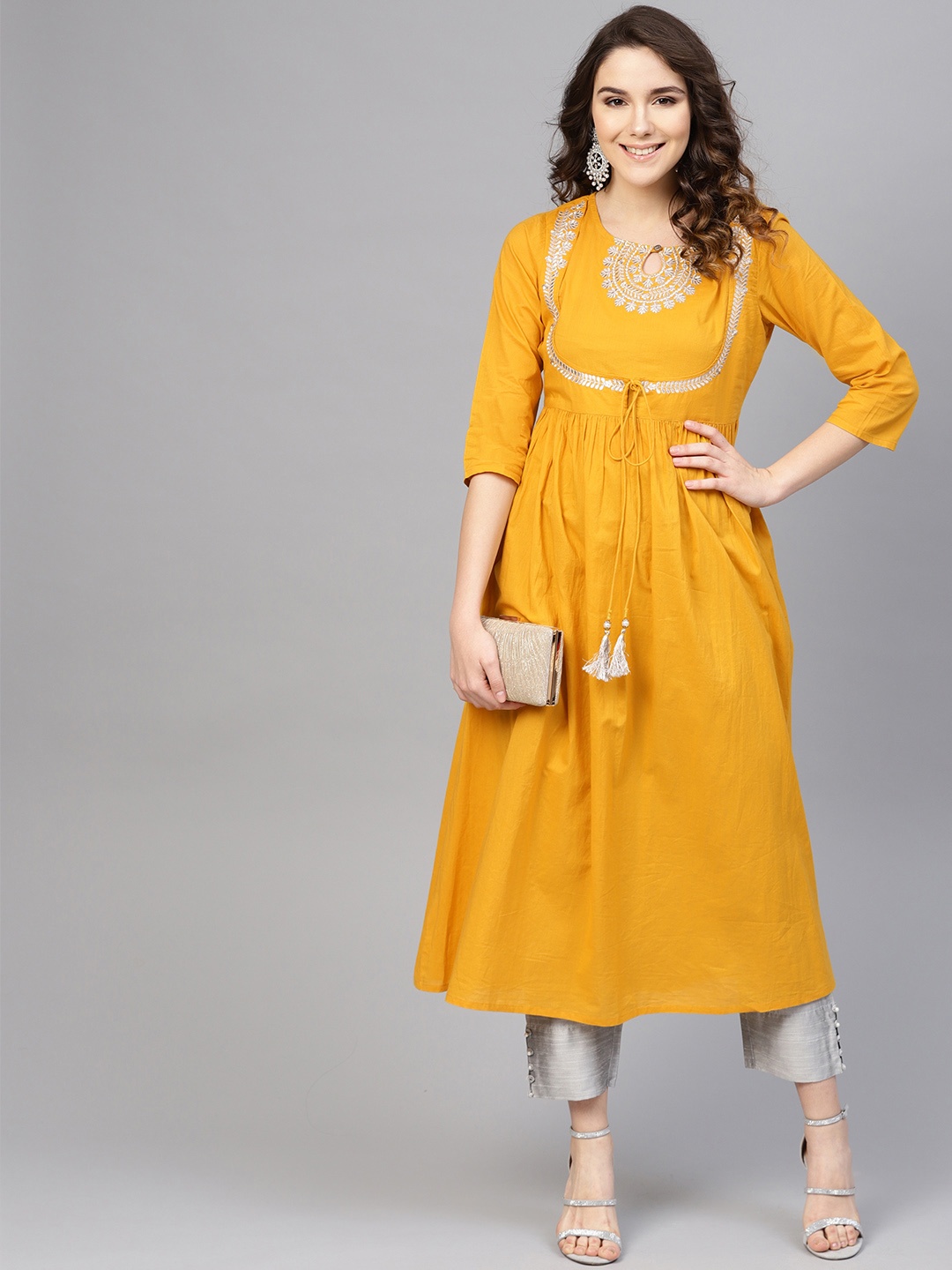 

Varanga Women Mustard Yellow & Grey Yoke Design Kurta with Trousers