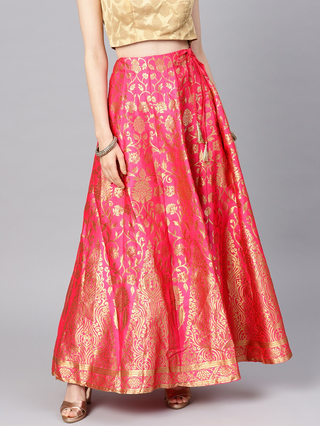

Varanga Women Pink and Golden Woven Design Flared Maxi Skirt