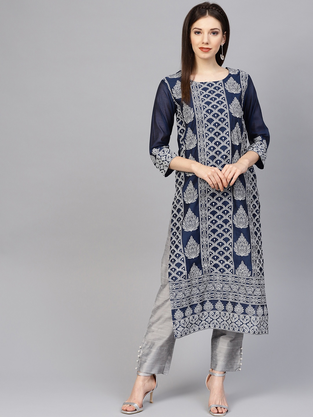 

Varanga Women Navy Blue & Grey Chikankari Print Kurta with Trousers