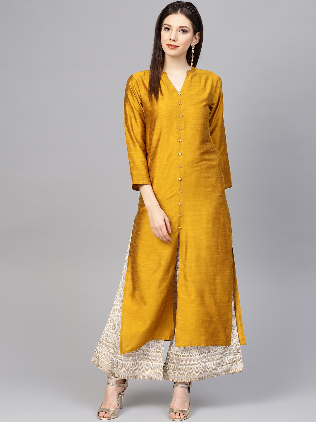

Varanga Women Mustard Yellow & Off-White Solid Kurta with Palazzos