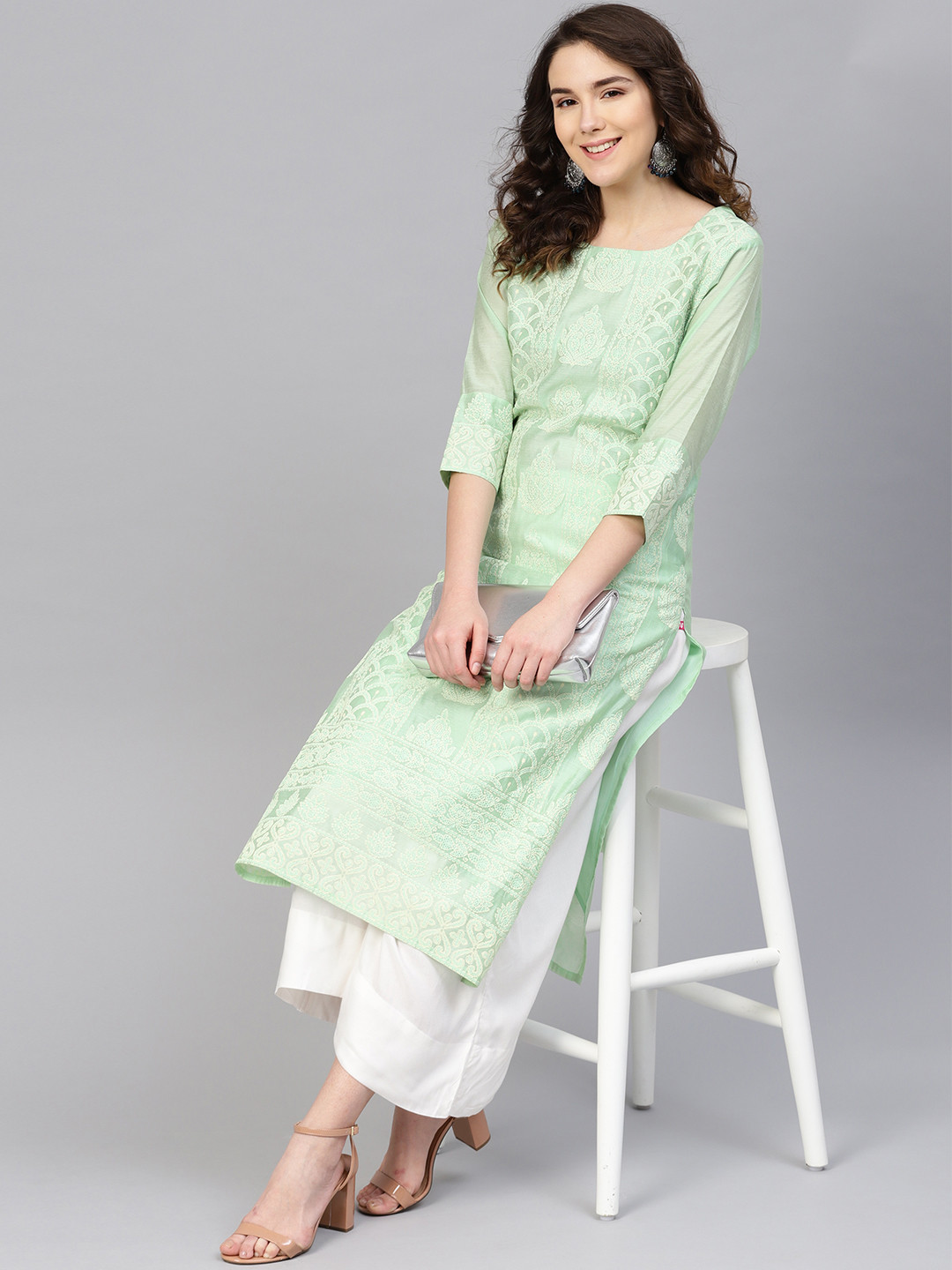 

Varanga Women Green & White Chikankari Print Handloom Kurta with Palazzos