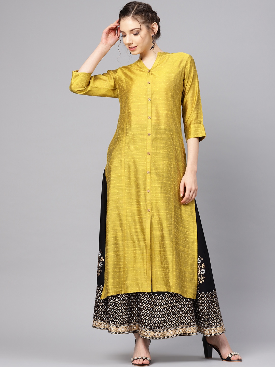 

Varanga Women Olive Green & Black Self-Design Kurta with Skirt
