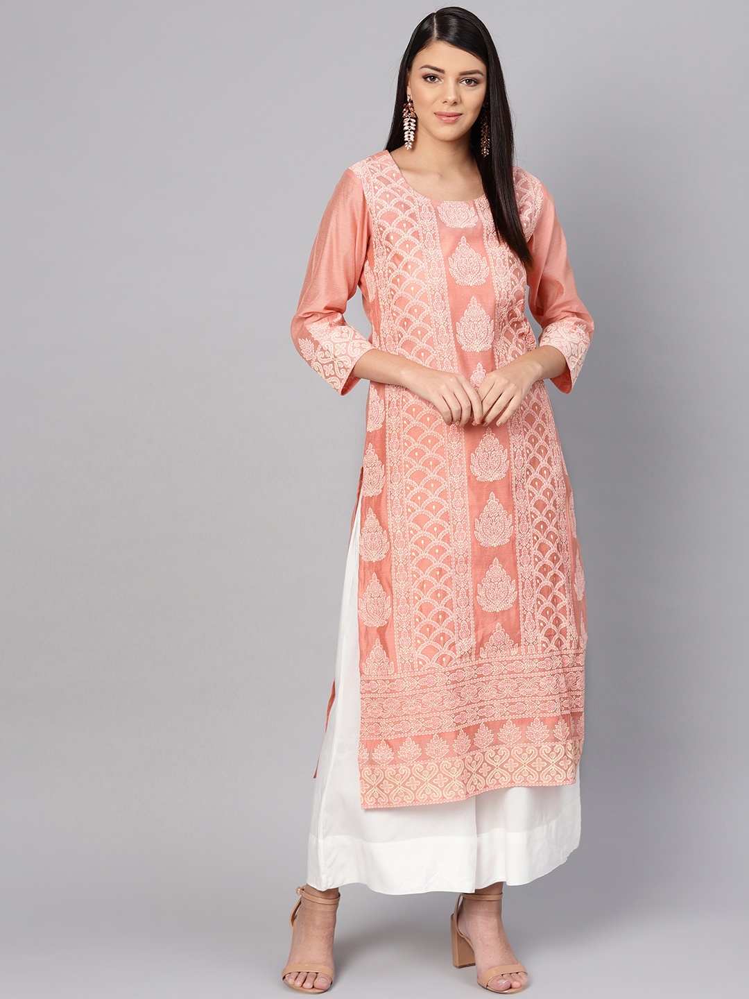 

Varanga Women Peach-Coloured & White Screen Print Kurta with Palazzos