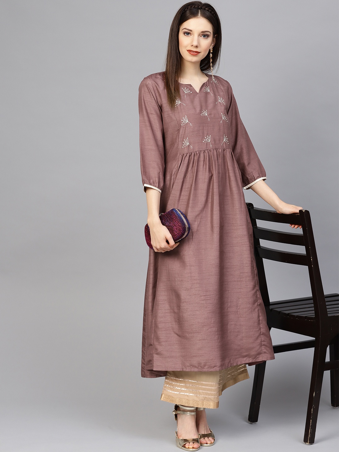 

Varanga Women Mauve & Beige Yoke Design Kurta with Palazzos