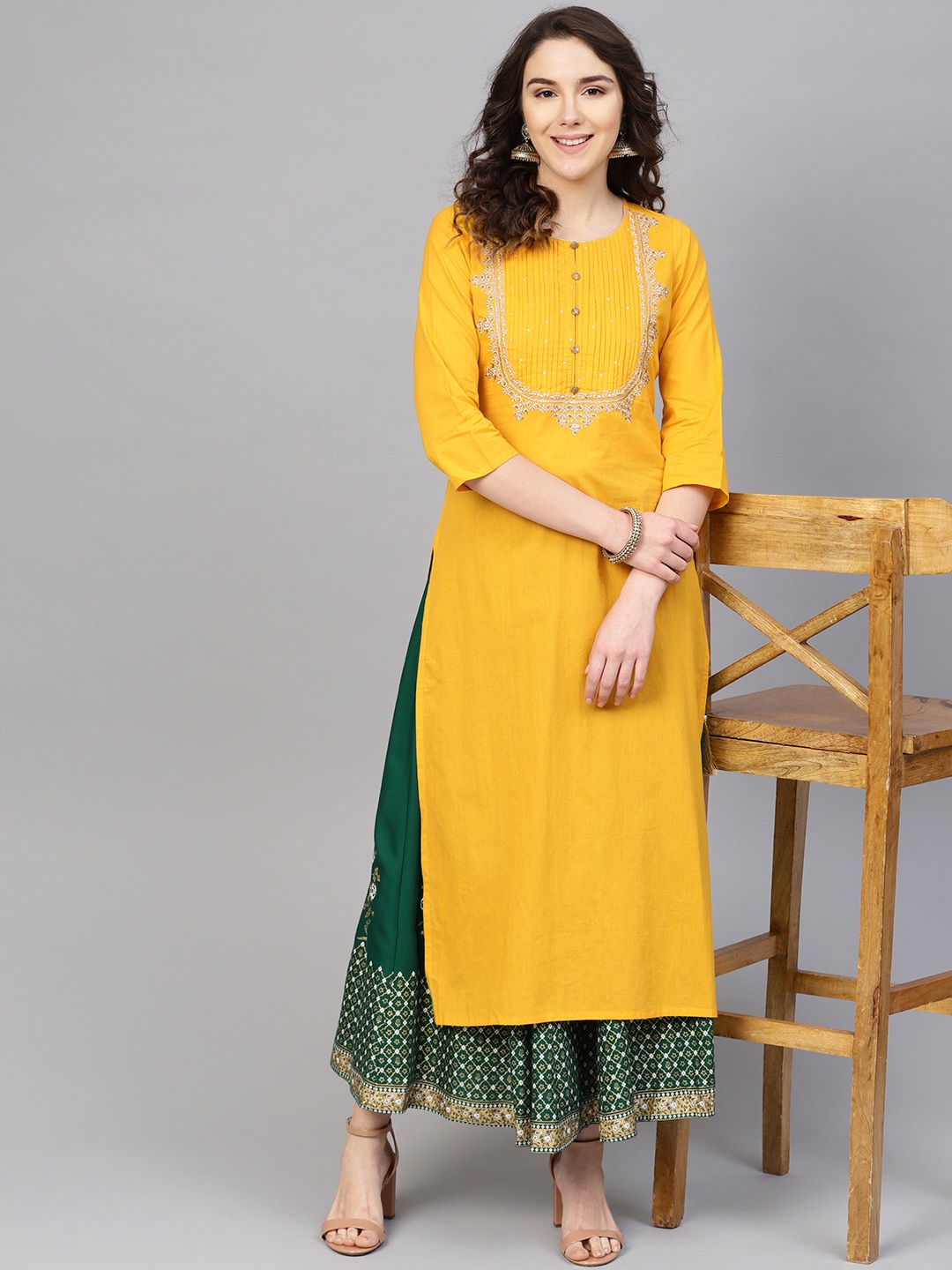 

Varanga Women Mustard Yellow & Green Yoke Design Kurta with Skirt