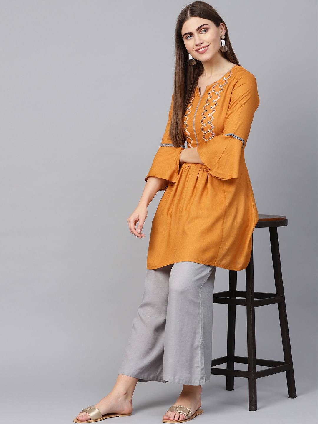 

Yuris Women Mustard Yellow & Grey Embroidered Tunic with Palazzos