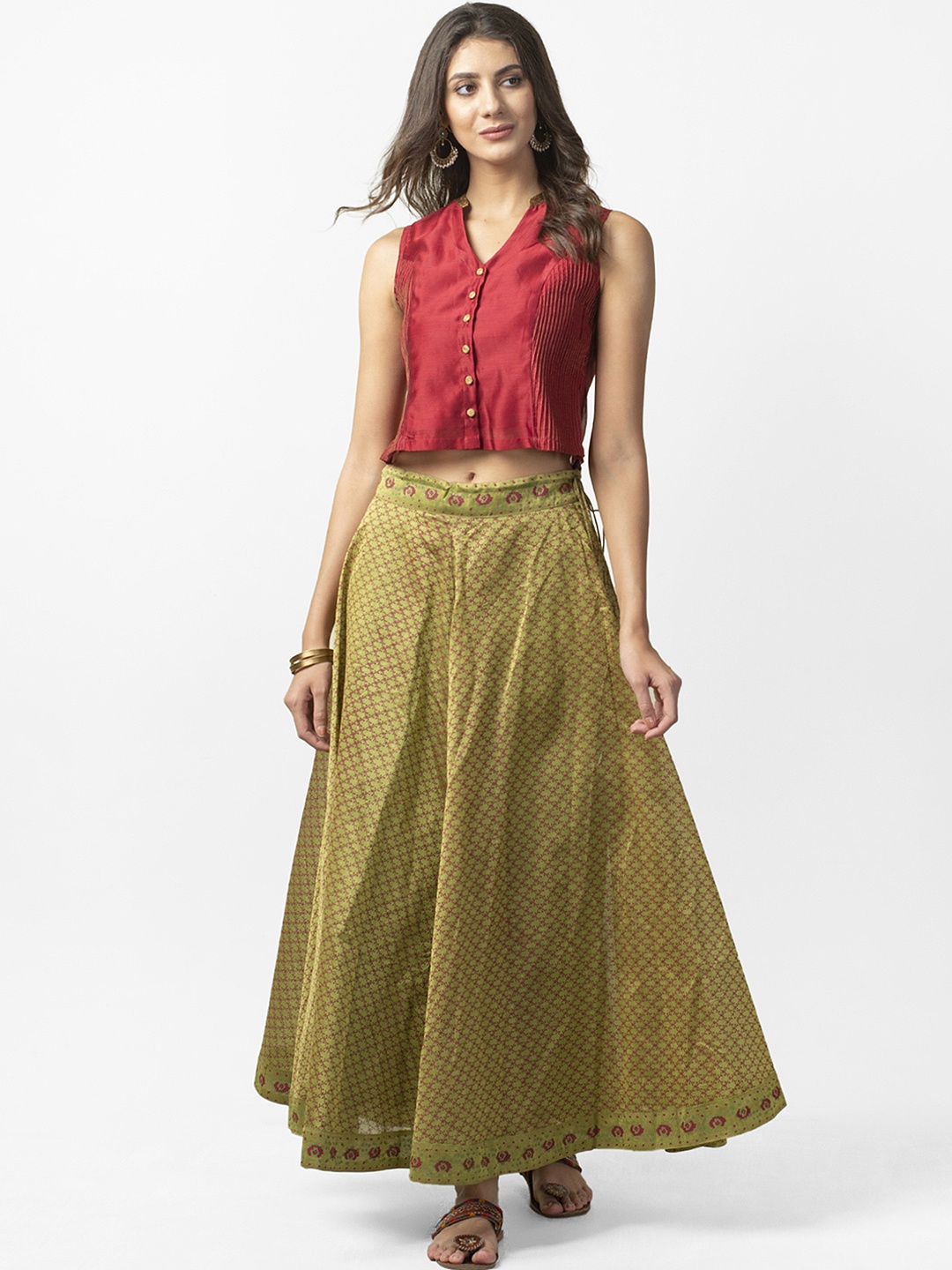

Fabindia Women Maroon & Olive Green Solid Top with Skirt