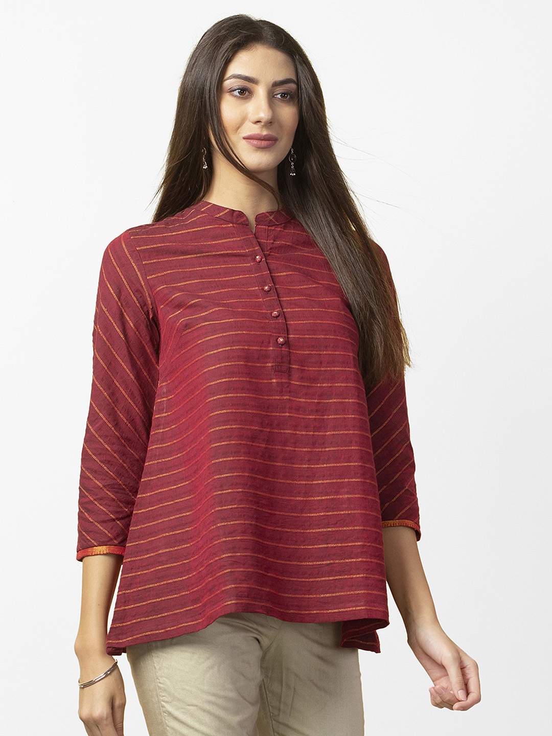 

Fabindia Maroon & Golden Striped Pure Cotton Straight Kurti