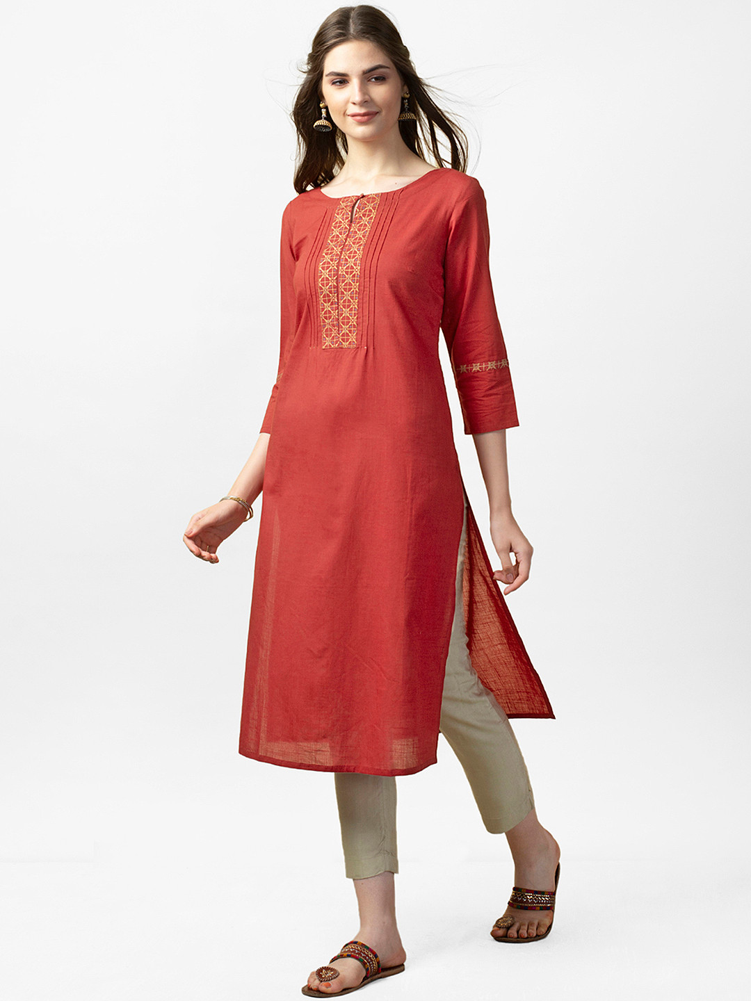 

Fabindia Women Rust Red Yoke Design Handloom Straight Kurta