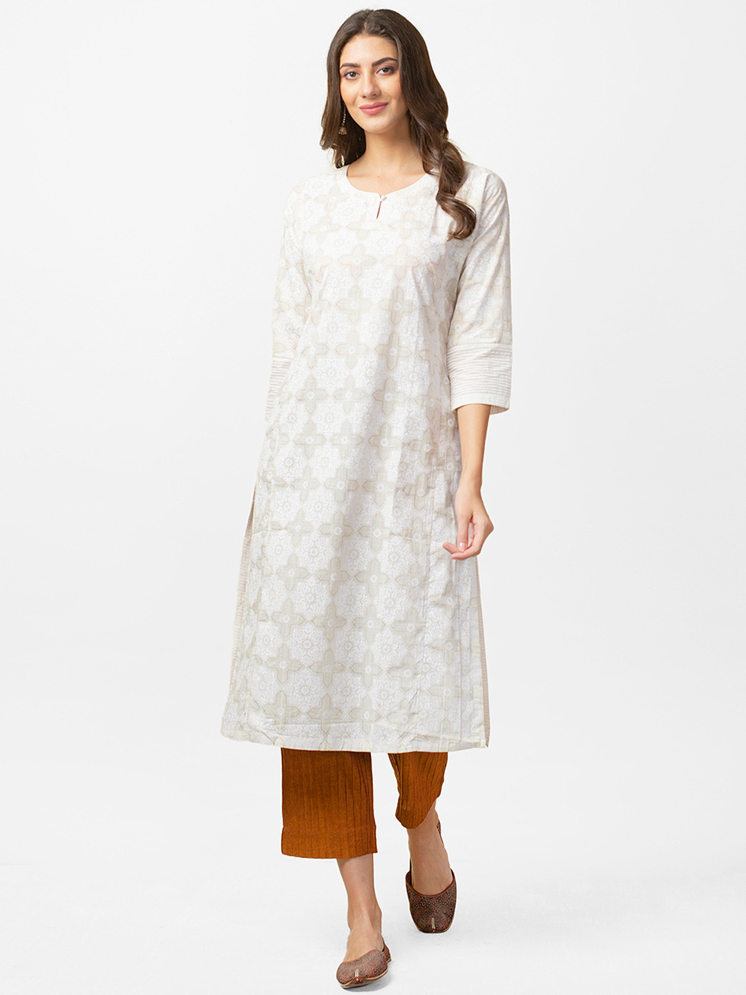 

Fabindia Women Off-White & Golden Printed Handloom Straight Kurta
