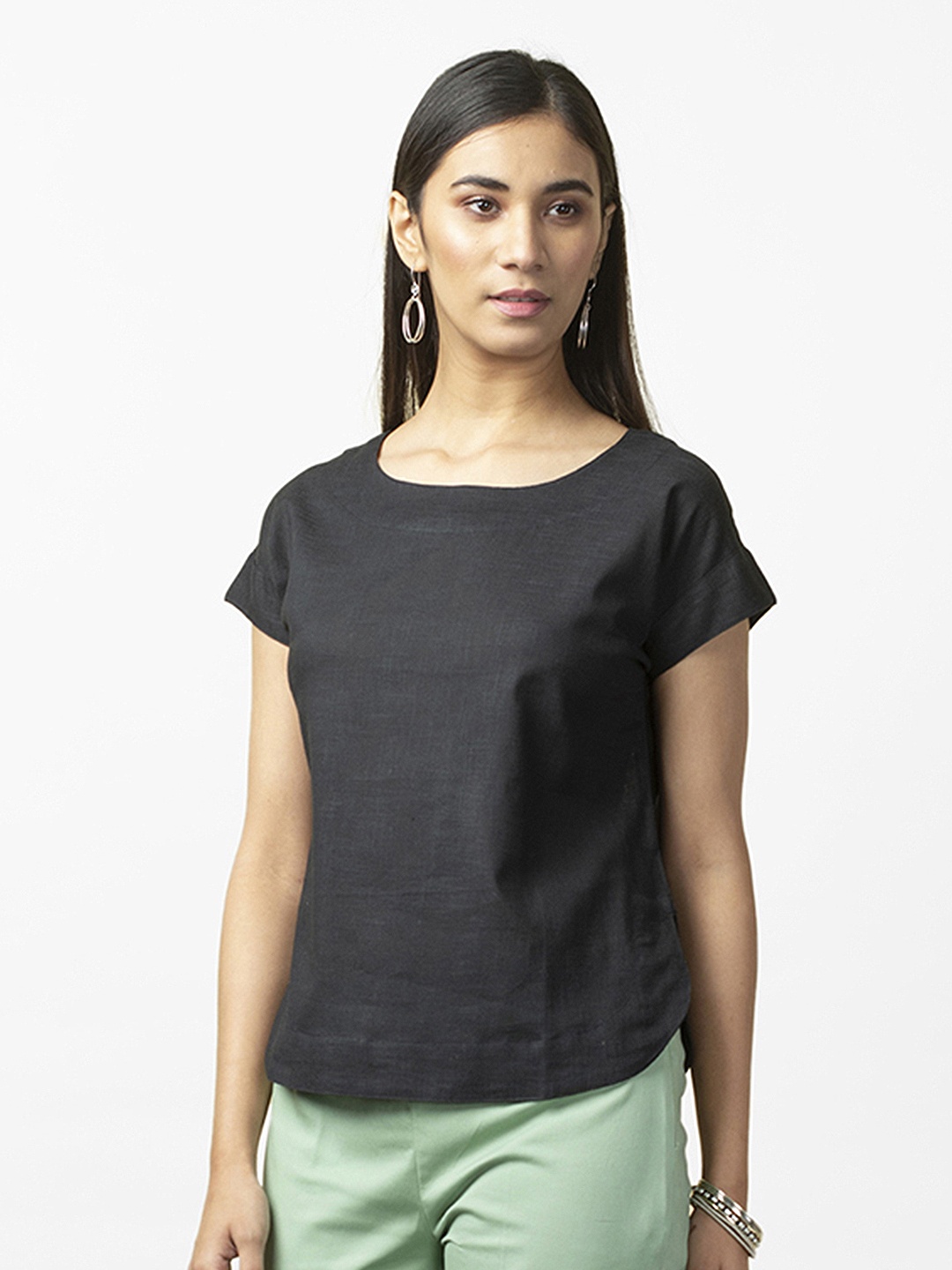 

Fabindia Women Black Solid Handloom Pure Cotton Top