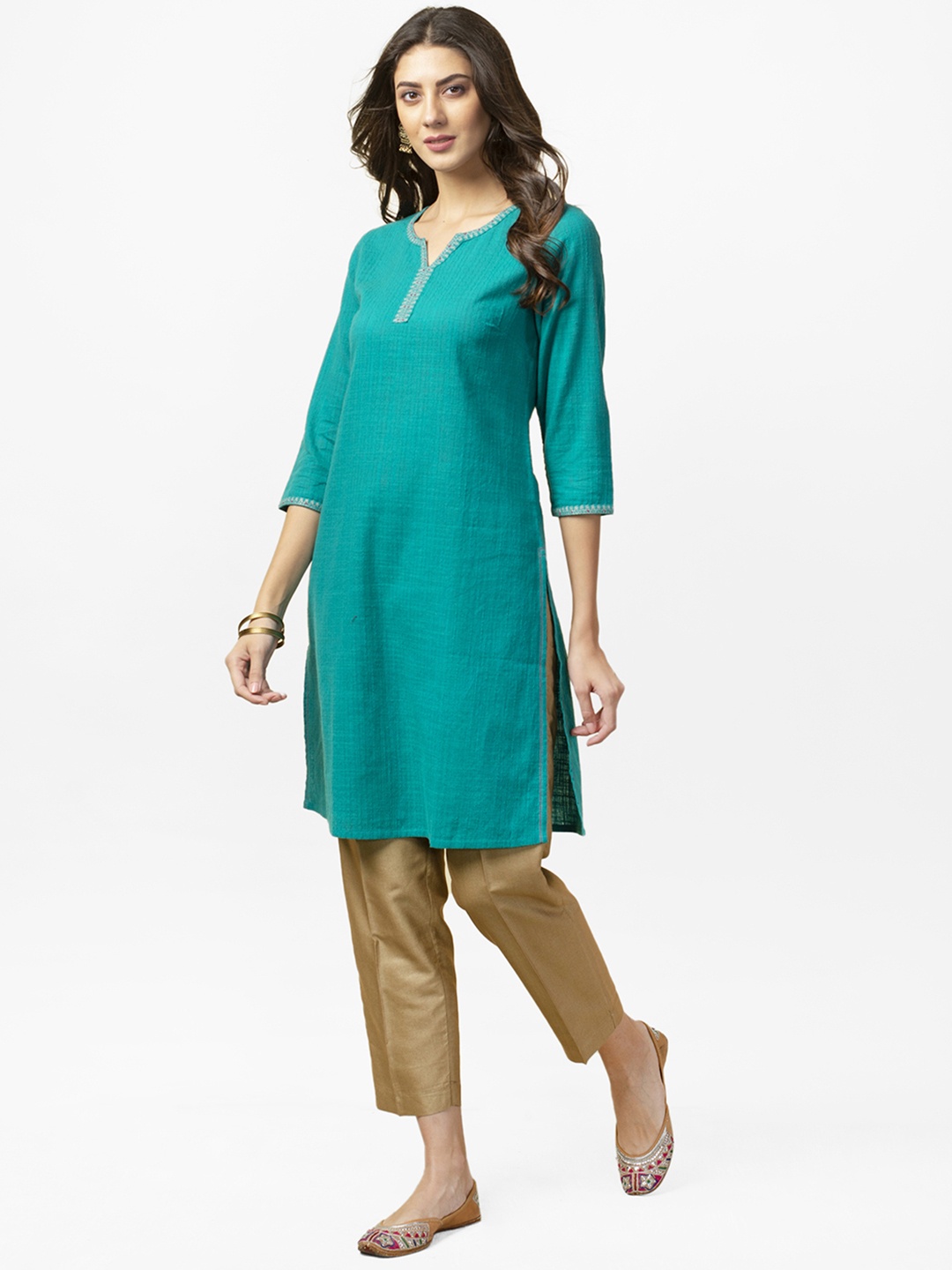 

Fabindia Women Green Dobby Weave Handloom Woven Design Straight Kurta