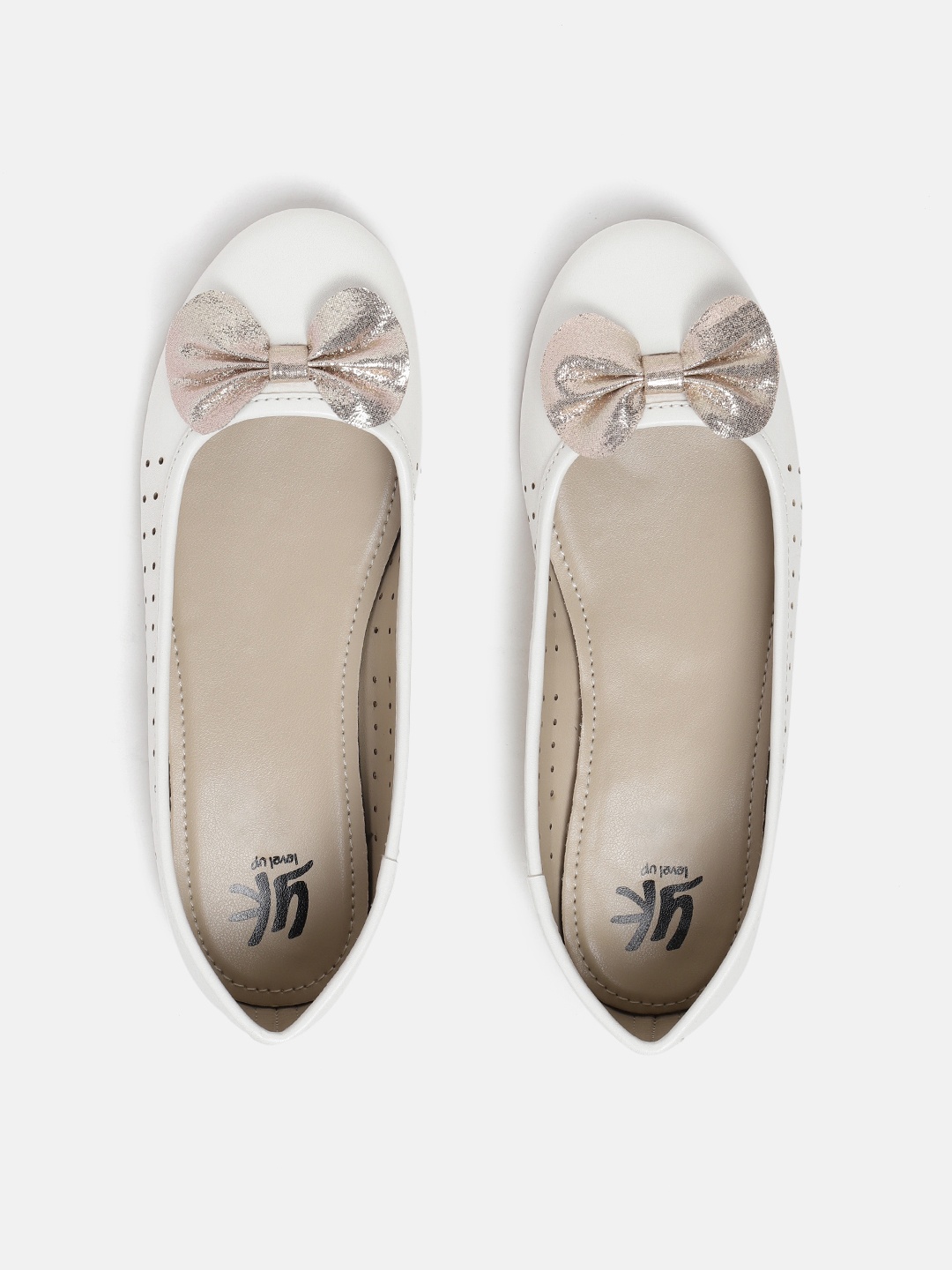 

YK Girls White & Gold-Toned Laser Cuts Ballerinas with Bow Detail