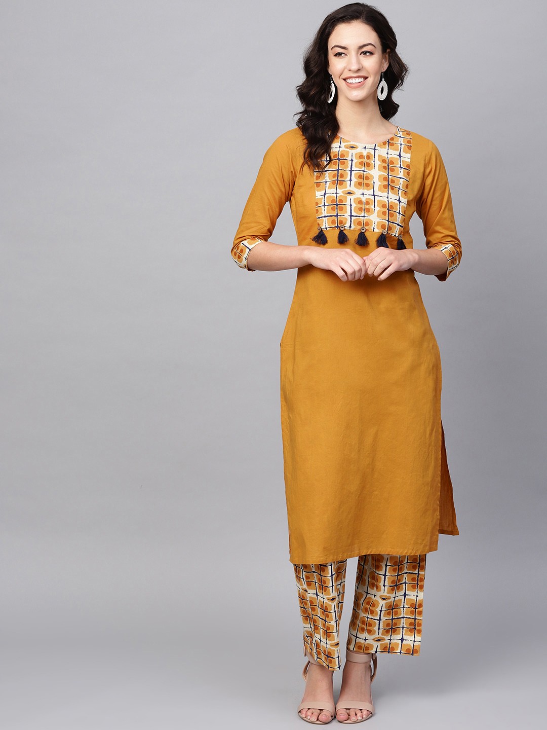 

Azira Women Mustard Yellow & Off-White Yoke Design Kurta with Palazzos