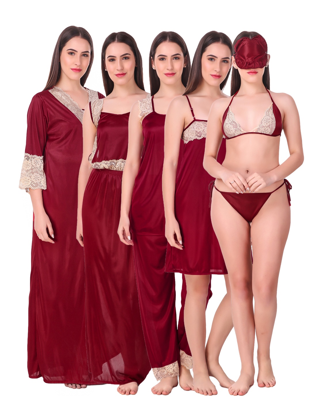 

N-Gal Maroon 7-Piece Nightdress Set