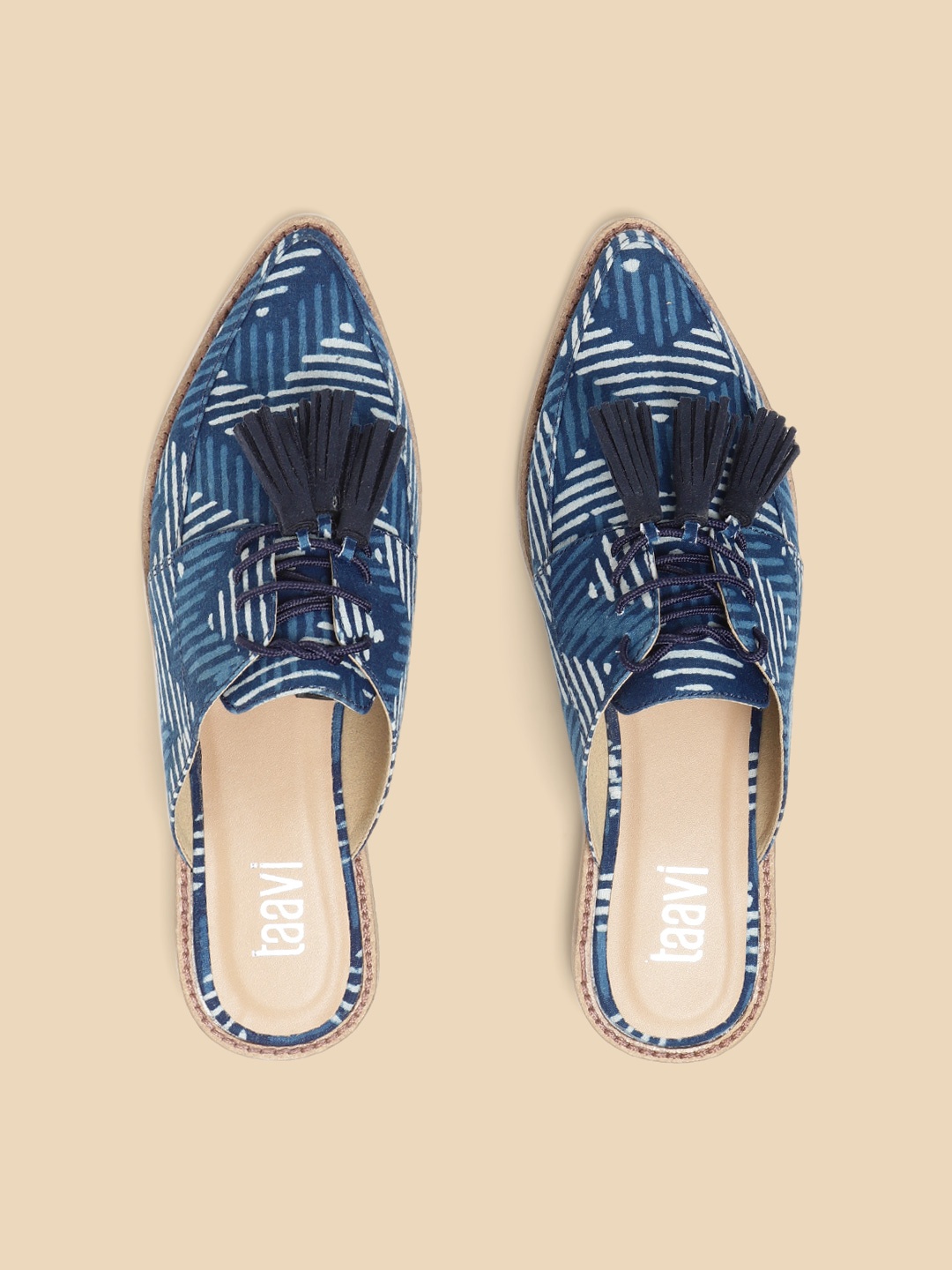 

Taavi Women Blue Indigo Print Sustainable Mules with Tasselled Detail