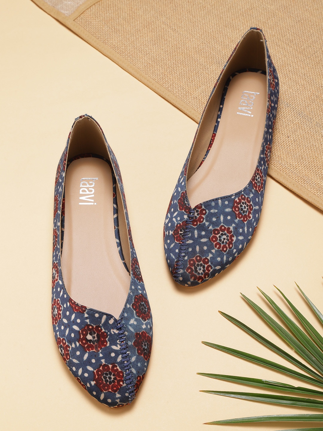 

Taavi Women Navy Blue & Maroon Ajrakh Print Pointed Toe Sustainable Ballerinas