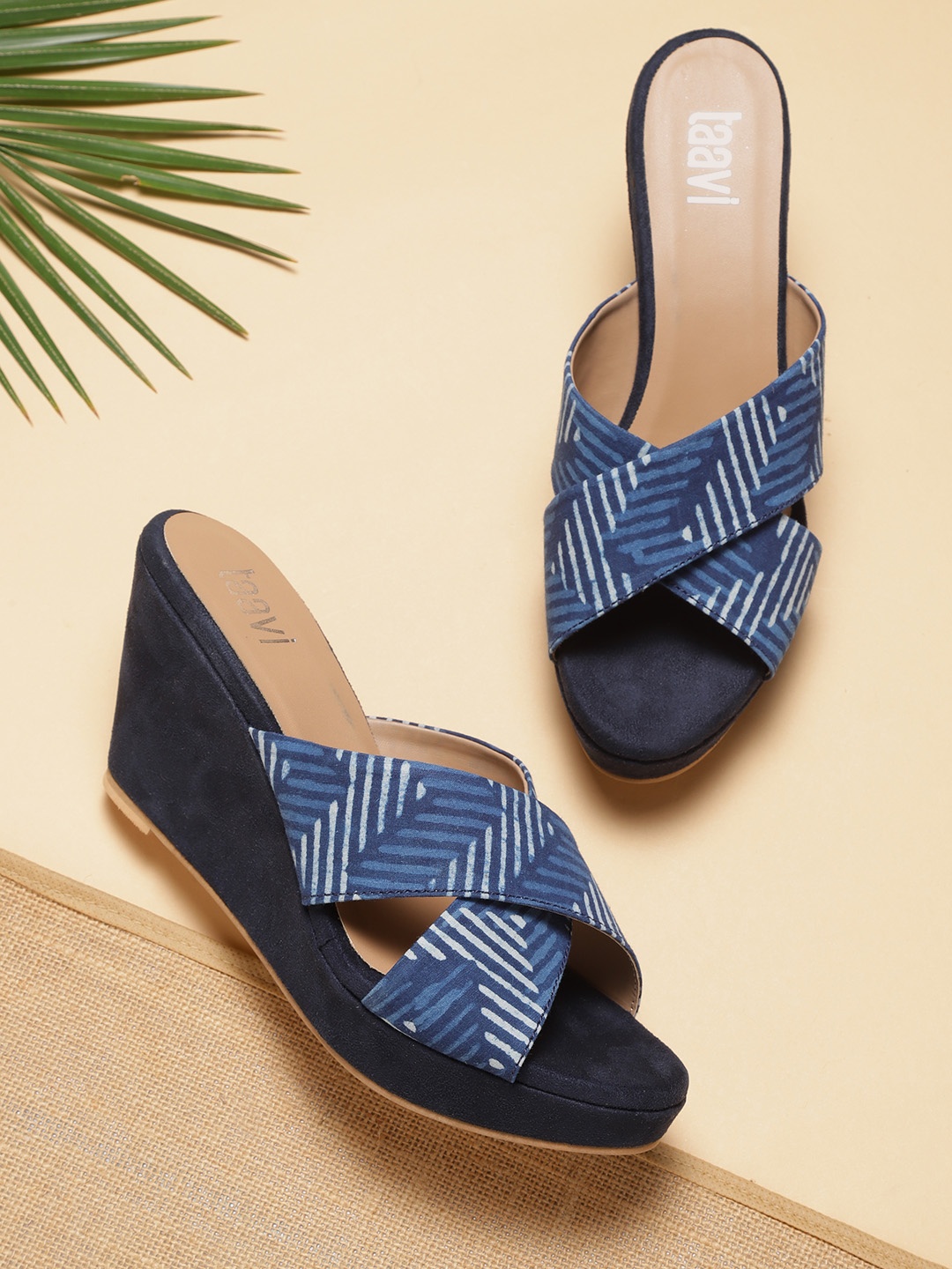 

Taavi Women Navy Blue & White Indigo Print Wedges