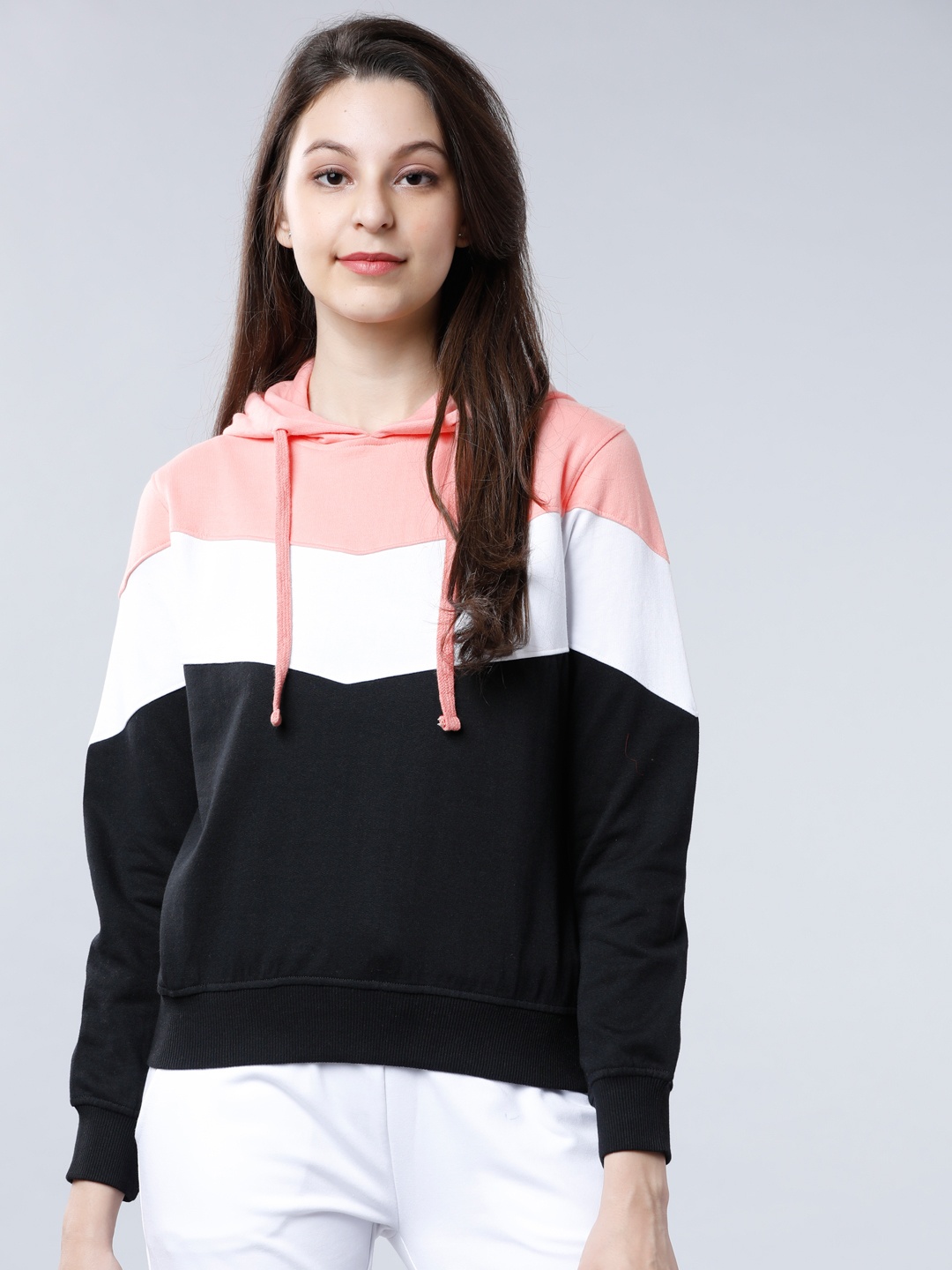 

Tokyo Talkies Women Pink & White Colourblocked Hooded Sweatshirt