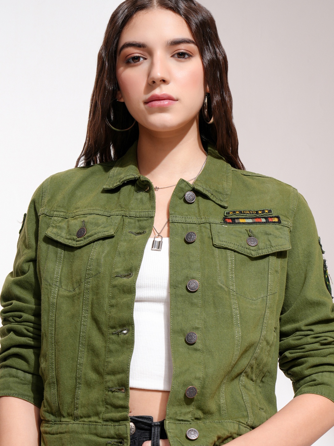 

Tokyo Talkies Women Olive Green Solid Denim Jacket