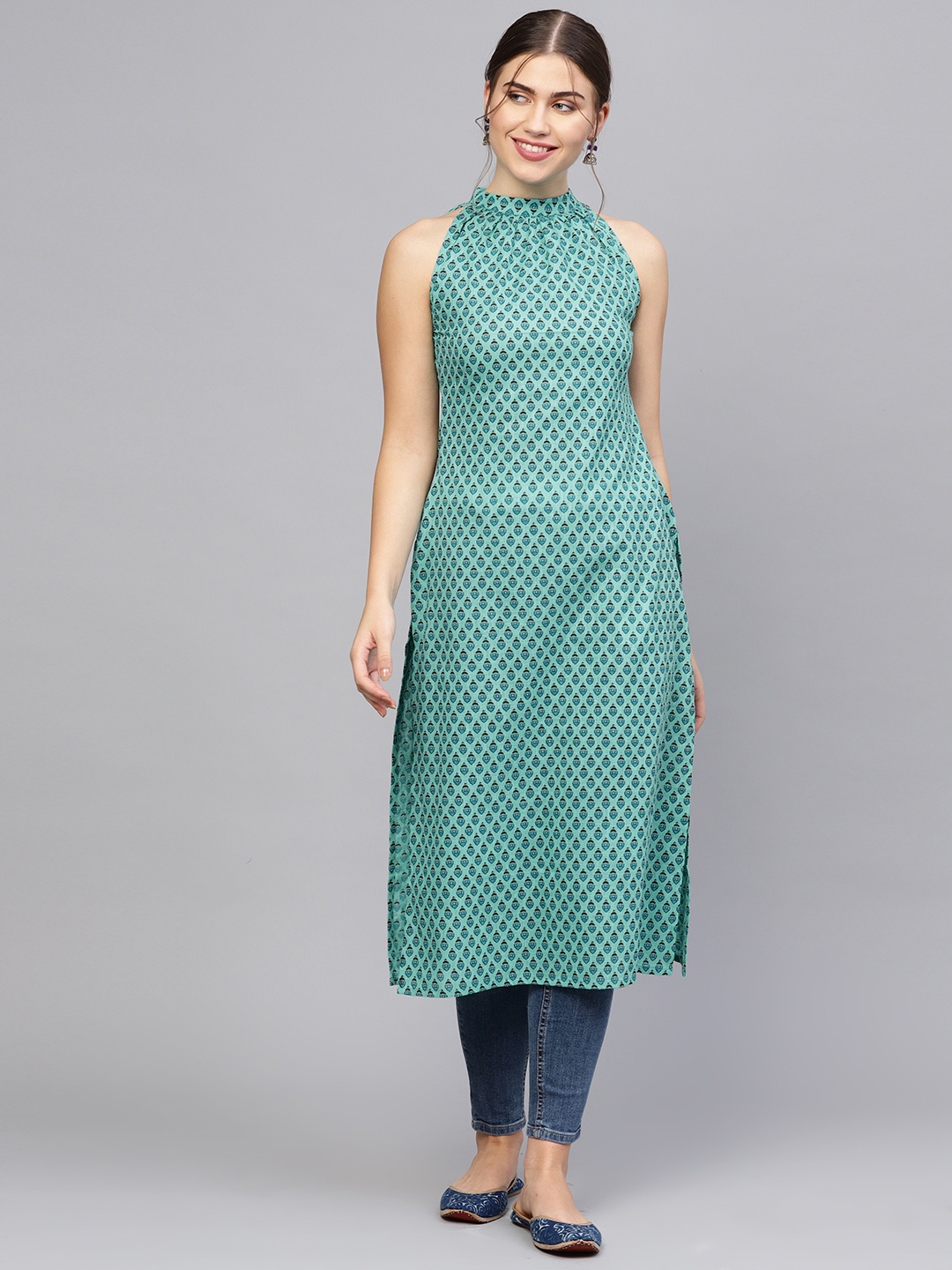 

Nayo Women Green & Blue Printed Straight Kurta