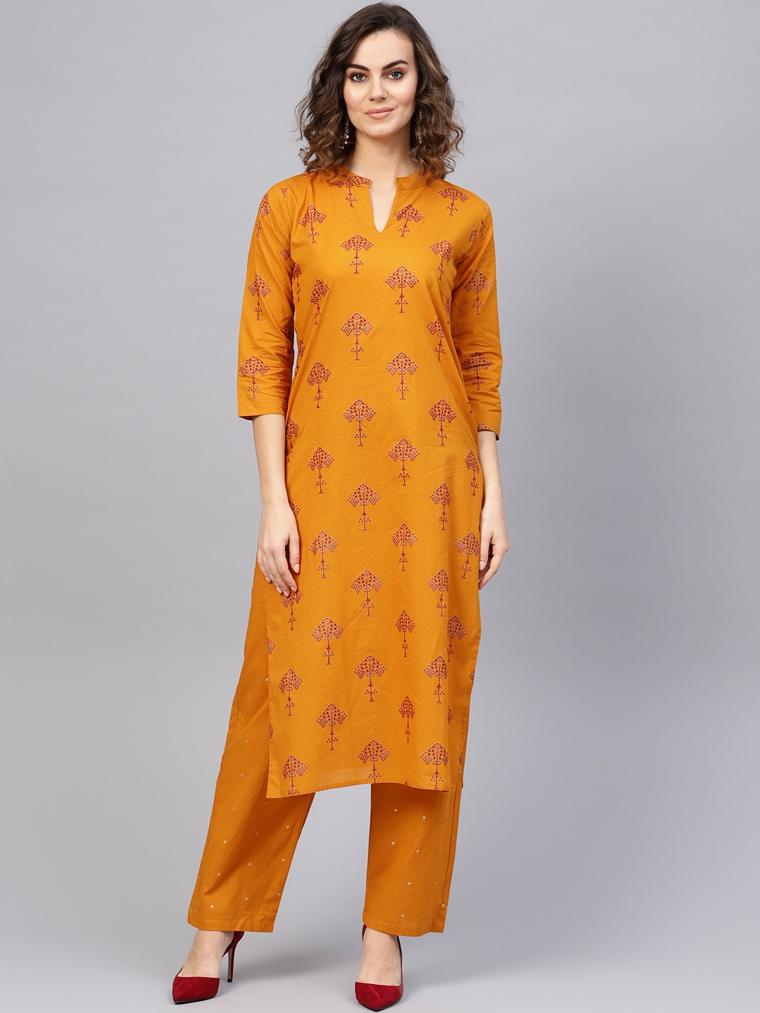 Nayo Women Mustard Yellow & Red Printed Kurta with Trousers