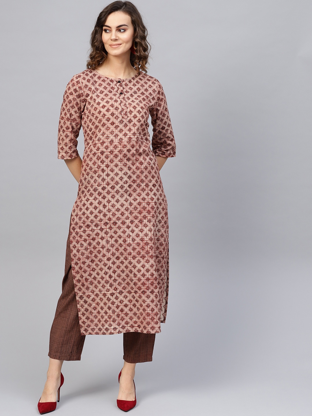 

Nayo Women Beige & Brown Printed Kurta with Trousers