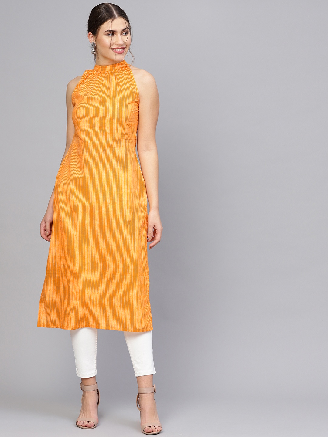 

Nayo Women Orange & Off-White Striped Straight Kurta