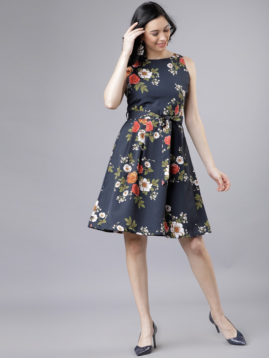 

Tokyo Talkies Women Black Printed Fit and Flare Dress