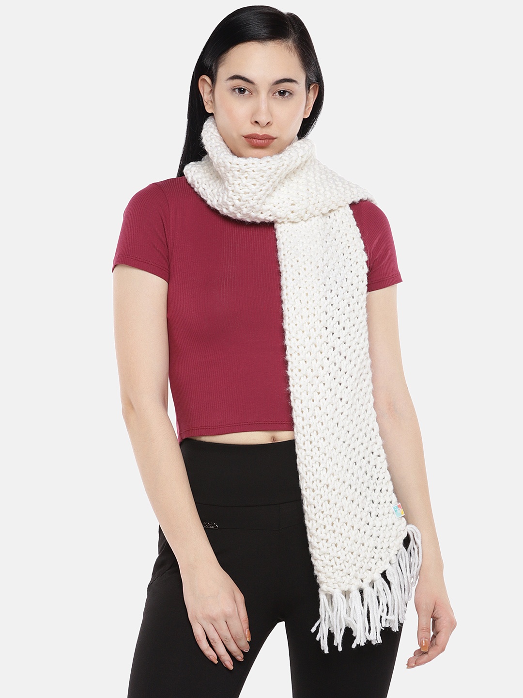 

Magic Needles Women White Self Design Handmade Seed Stitch Scarf
