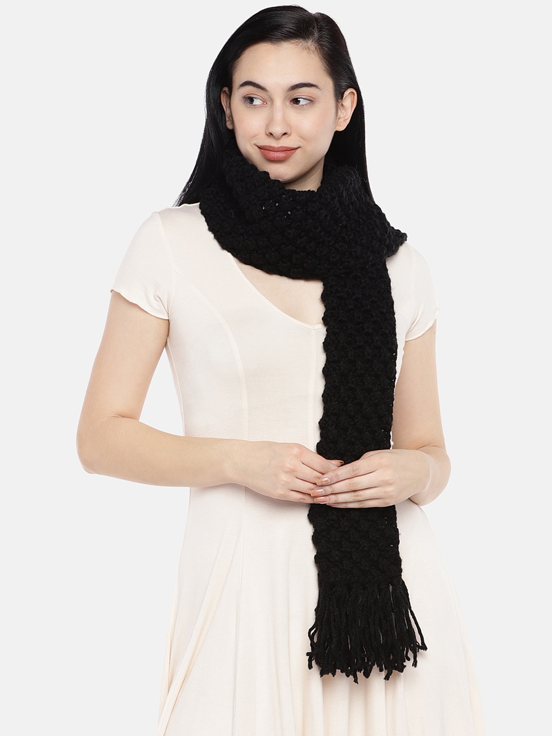 

Magic Needles Women Black Self Design Bobble Stitch Handmade Scarf