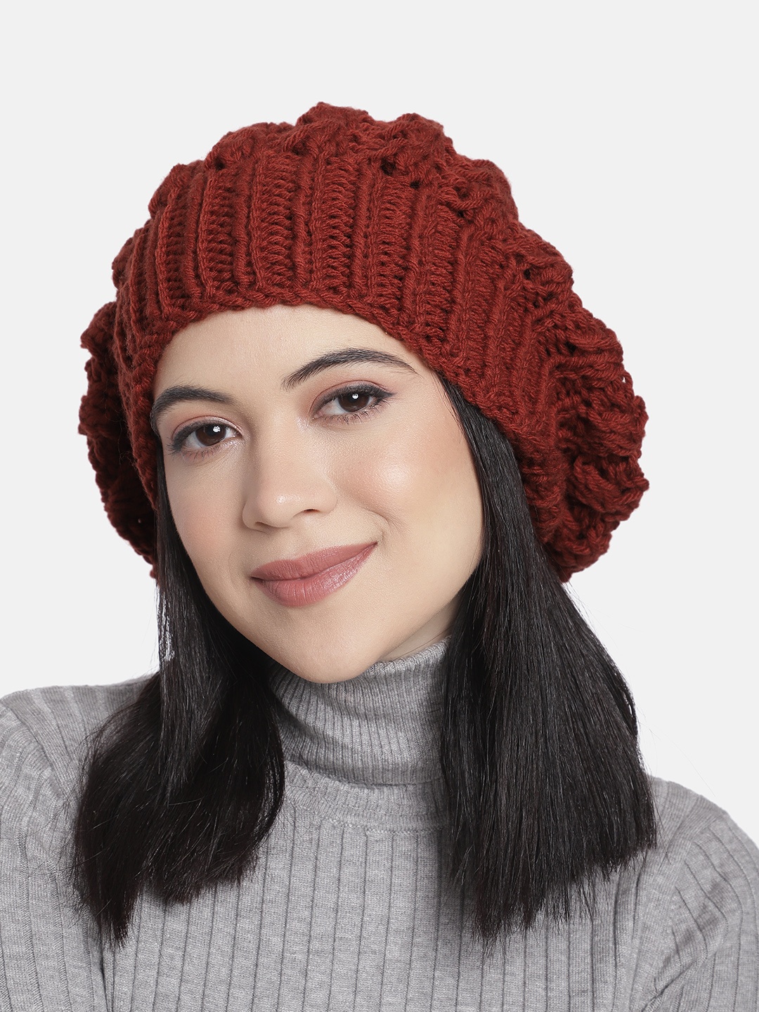 

Magic Needles Women Maroon Self Design Handmade Beanie