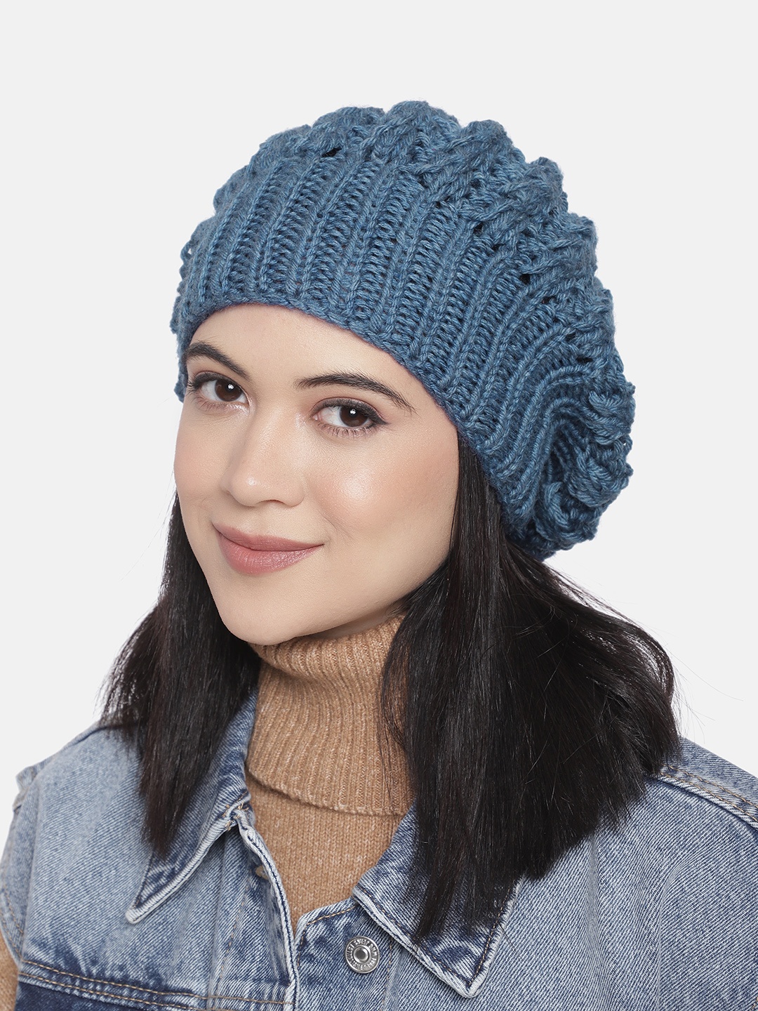 

Magic Needles Women Blue Handmade Knit Self Design Beanie