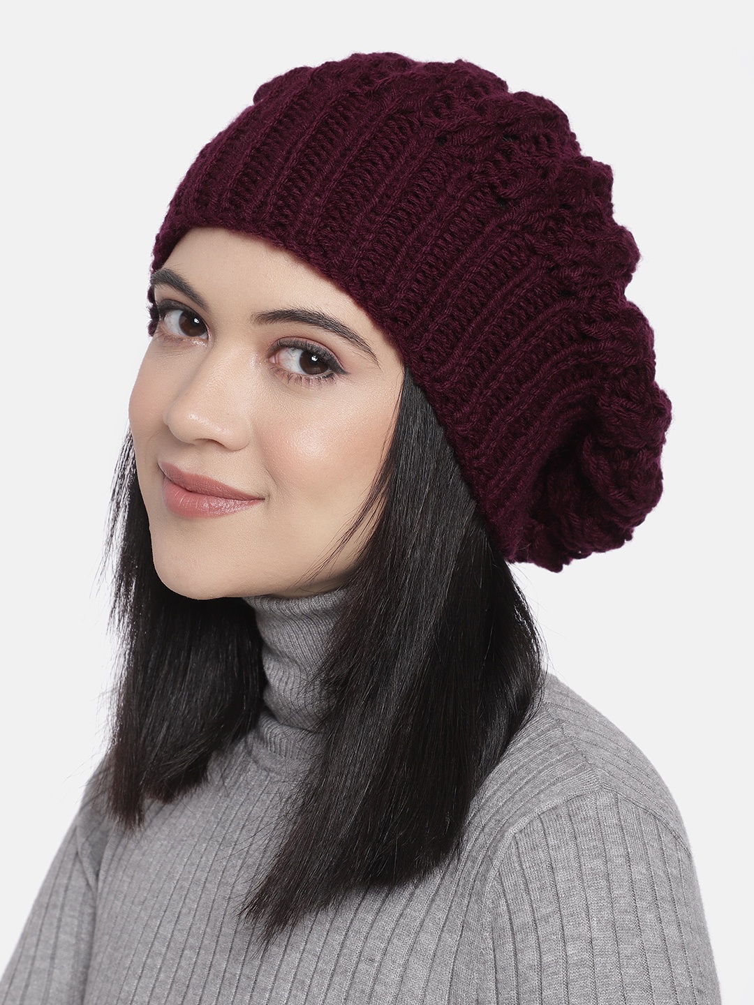 

Magic Needles Women Burgundy Self Design Handmade Beanie