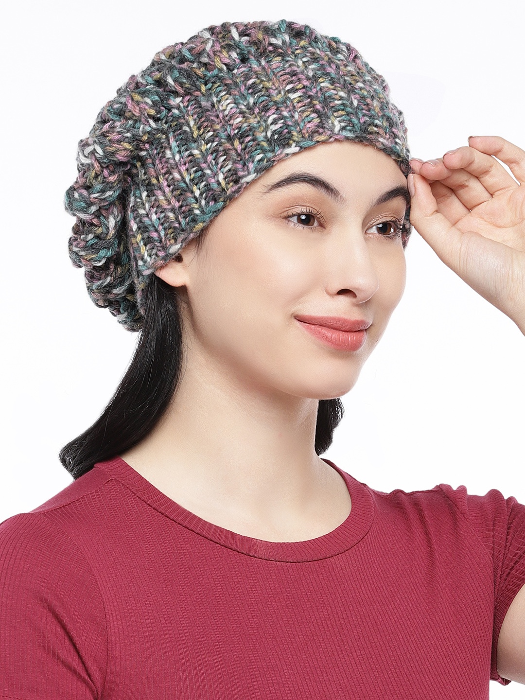 

Magic Needles Women Multicoloured Self Design Beanie, Multi