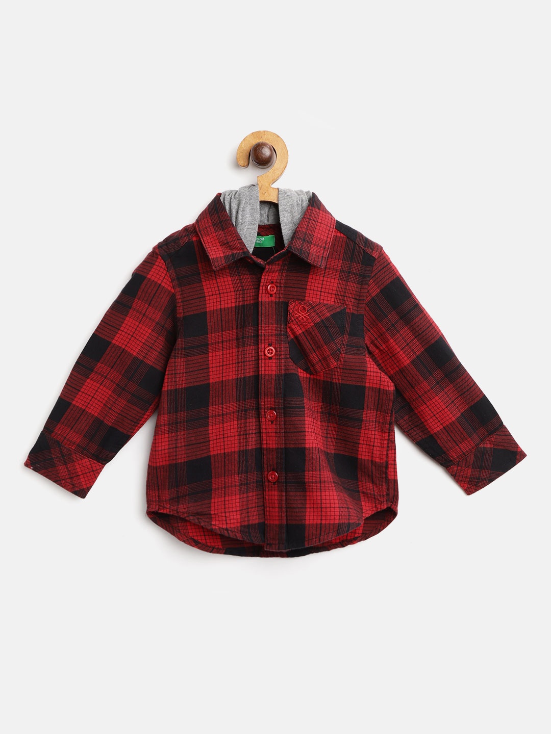 

United Colors of Benetton Boys Red & Black Regular Fit Hooded Checked Casual Shirt