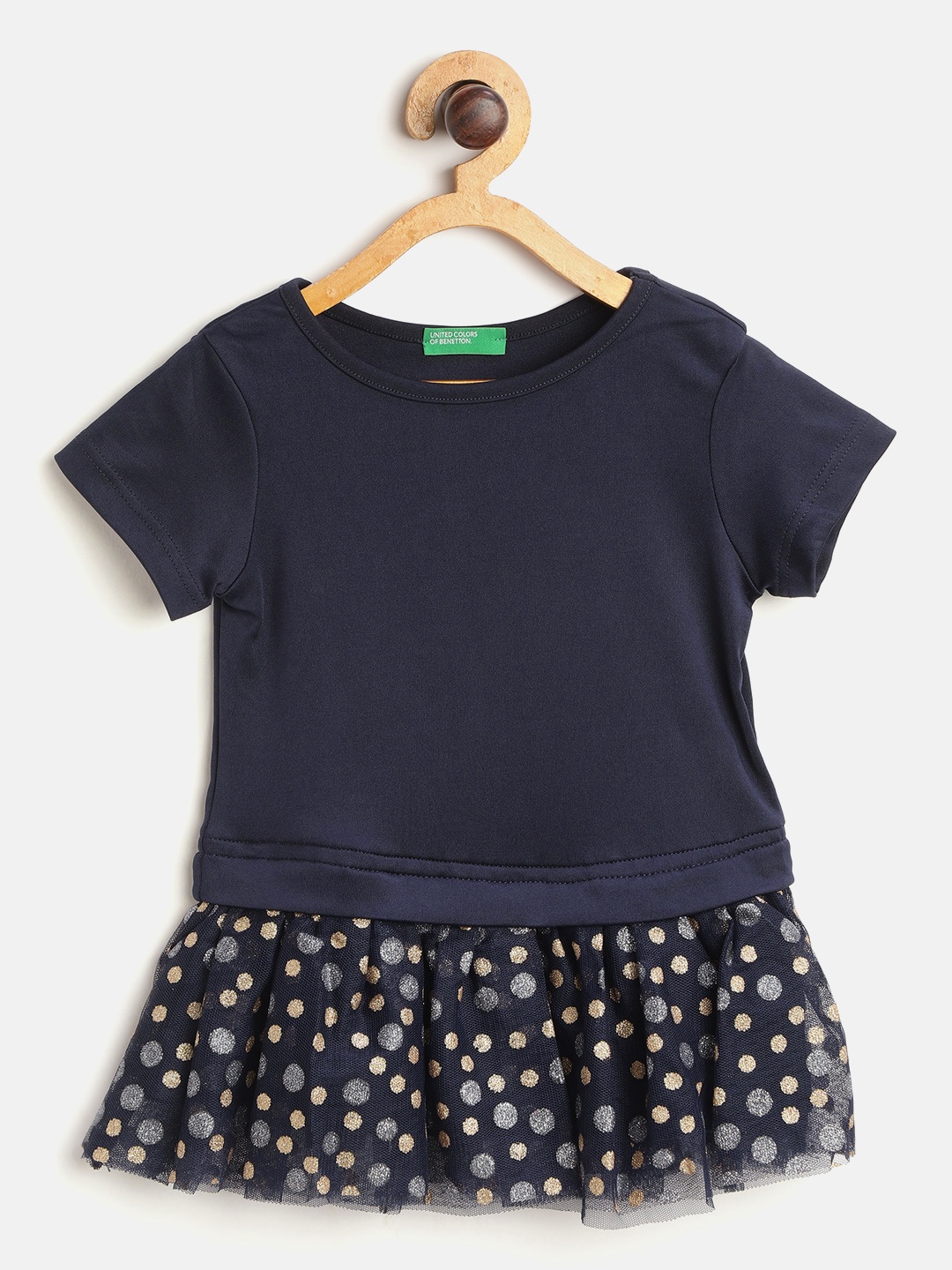 

United Colors of Benetton Girls Navy Blue Solid Drop Waist Dress with Glitter Polka Detail