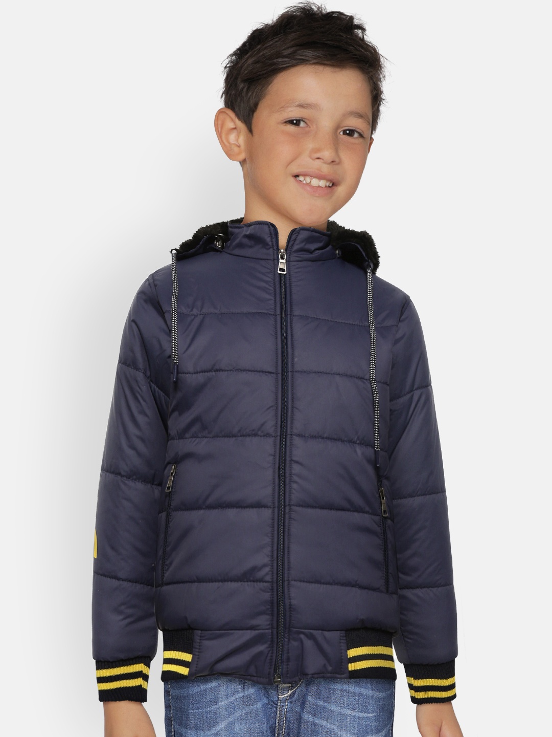 

GAME BEGINS Boys Navy Blue Solid Bomber Jacket with Detachable Hood