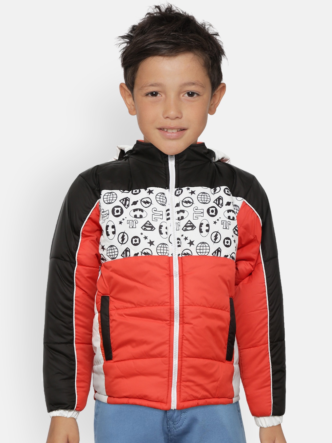 GAME BEGINS Boys Coral Red & White Printed Hooded Padded Jacket
