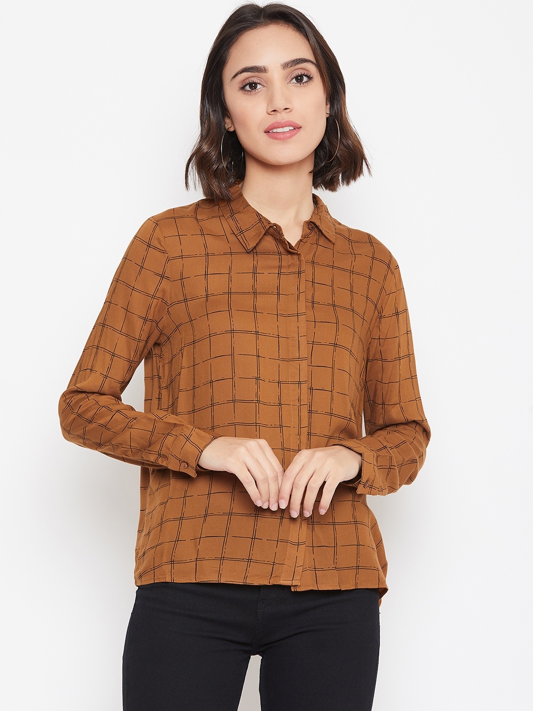

Vero Moda Women Mustard Brown & Black Regular Fit Checked Casual Shirt