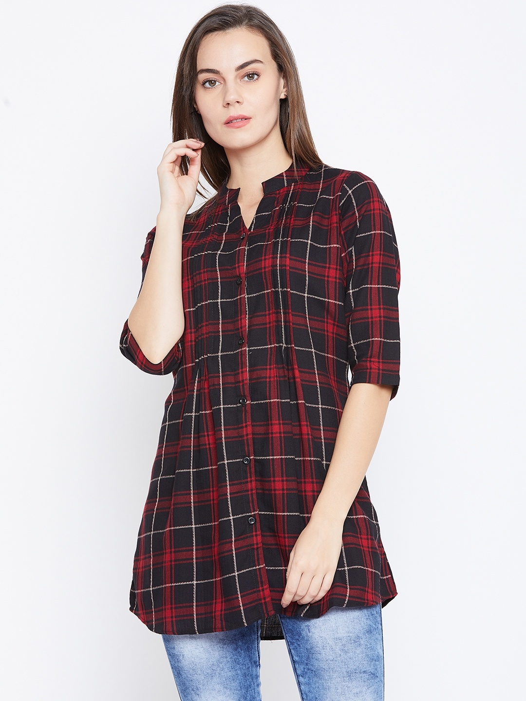 

One Femme Women Red & Black Checked Tunic