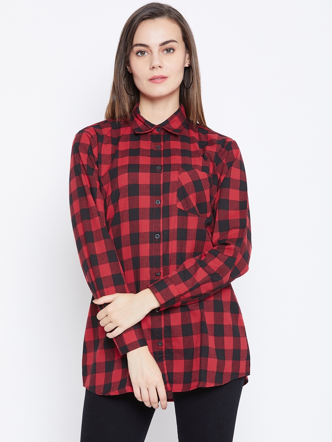 

One Femme Women Red & Black Regular Fit Checked Casual Shirt