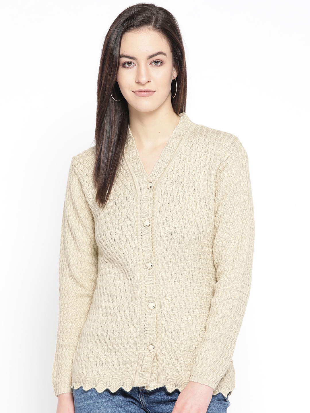 

One Femme Women Beige Self Design Cardigan