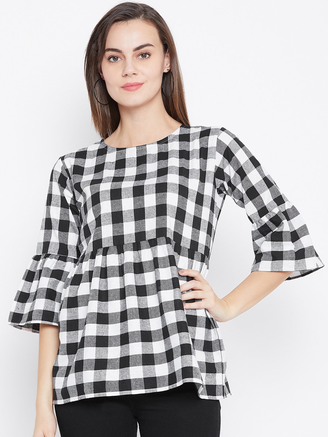 

One Femme Women Black & White Checked A-Line Pure Cotton Top