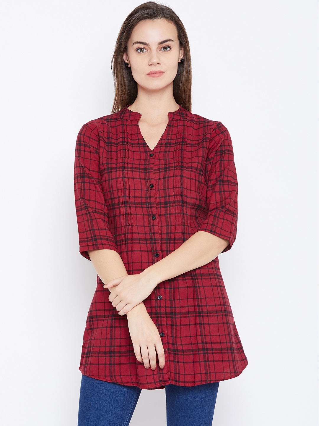 

One Femme Women Red & Black Checked Tunic