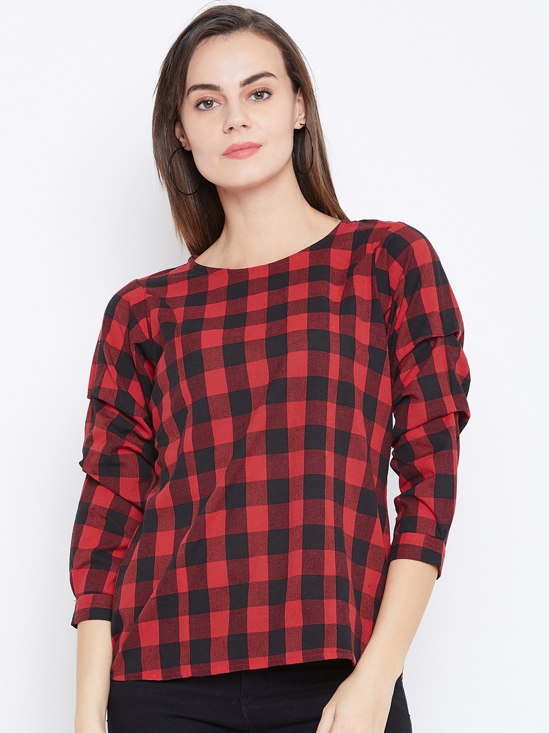 

One Femme Women Red & Black Checked Pure Cotton Top