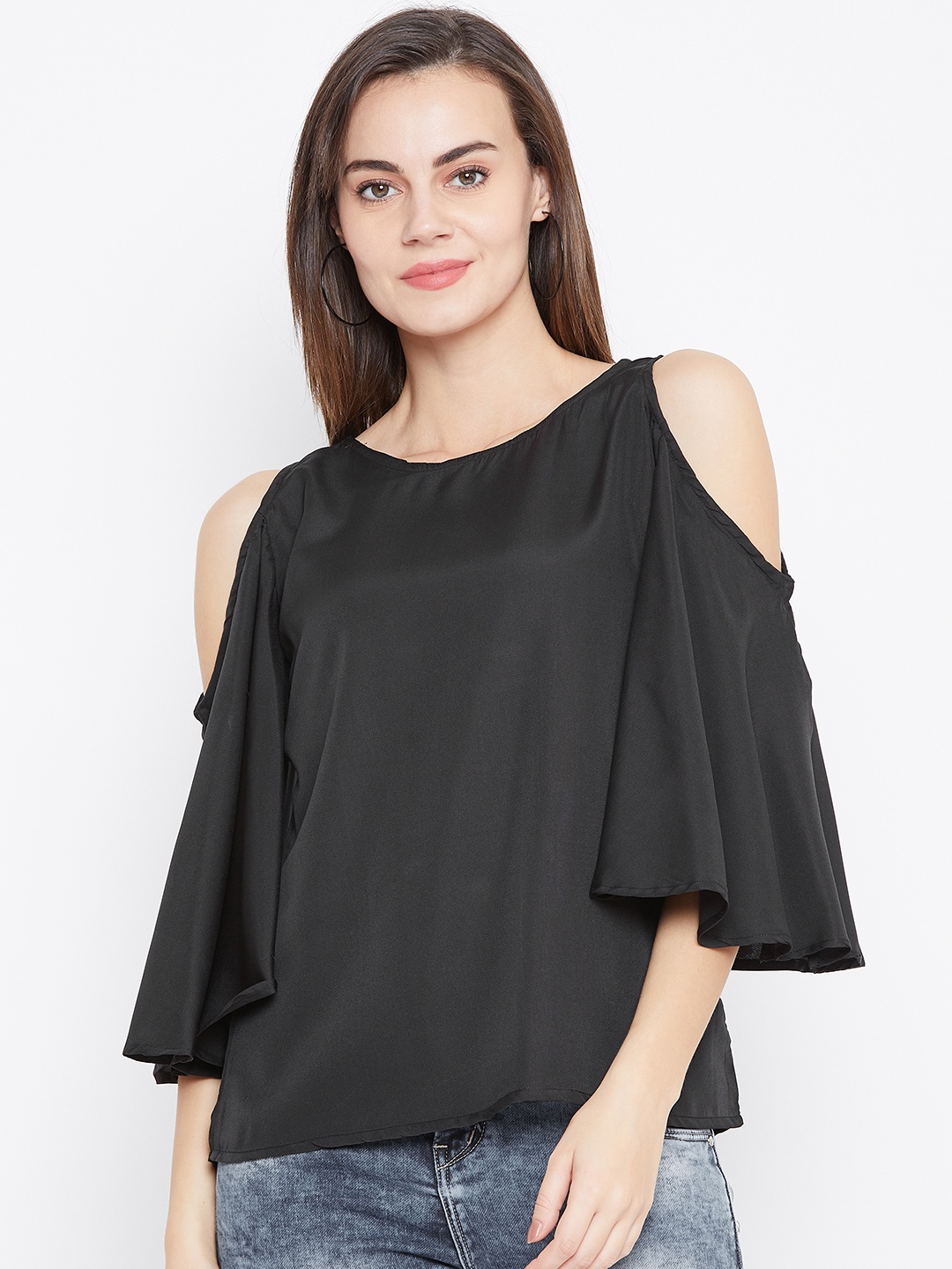 

One Femme Women Black Solid Cold-Shoulder Top