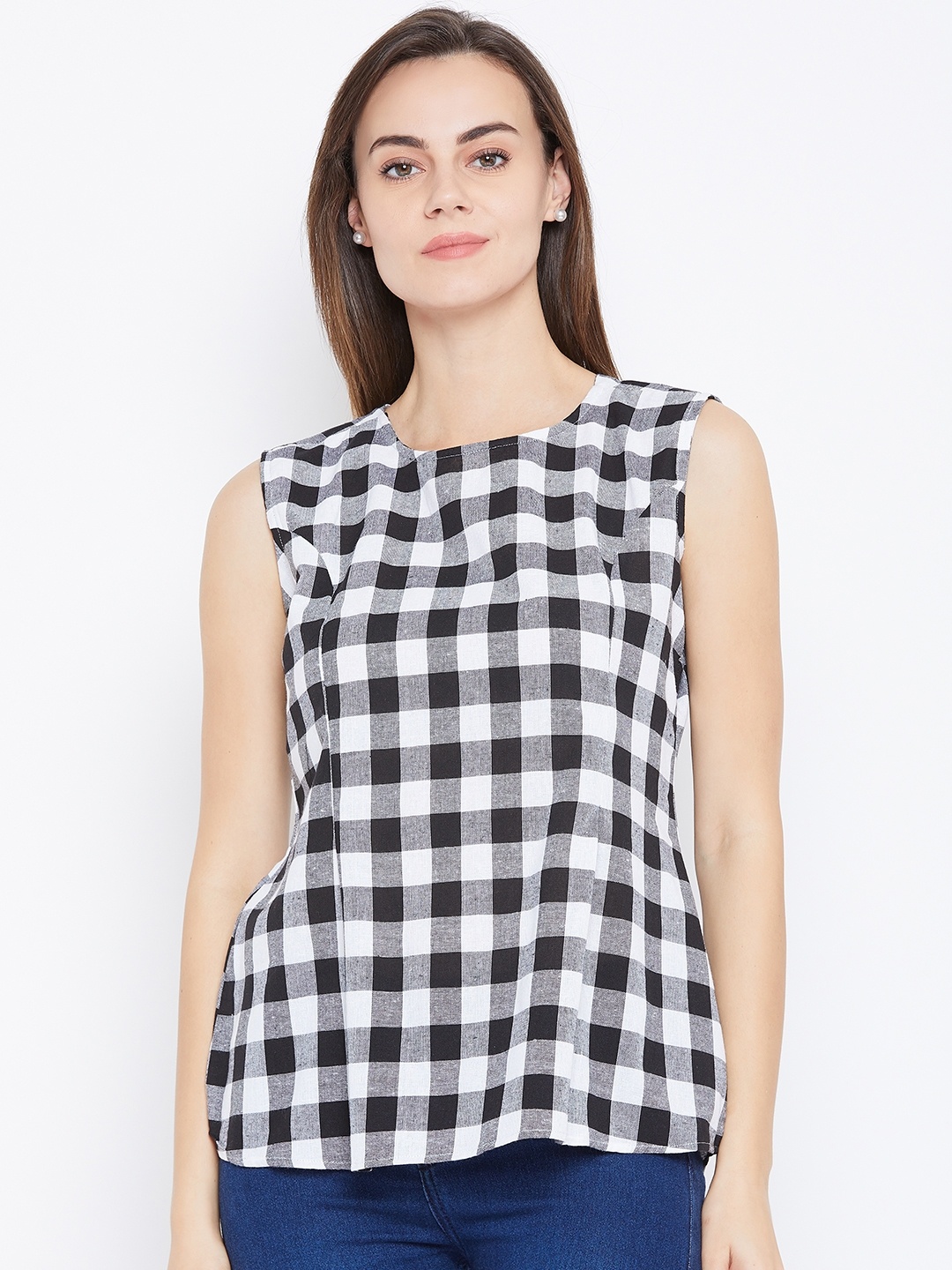 

One Femme Women Black & White Checked Regular Pure Cotton Top