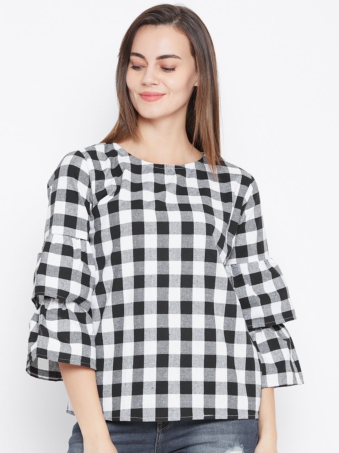 

One Femme Women Black & White Checked Pure Cotton Top