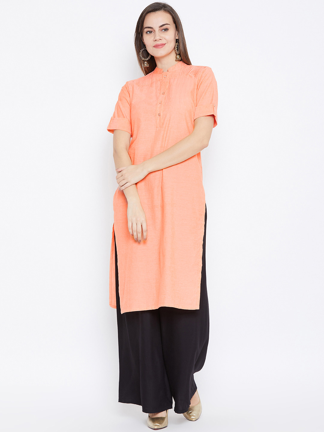 

One Femme Women Peach-Coloured Solid Straight Kurta